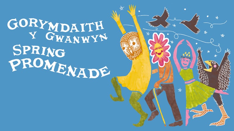 Darlun o orymdaith y gwanwyn yn Dinefwr, Sir Gaerfyrddin
